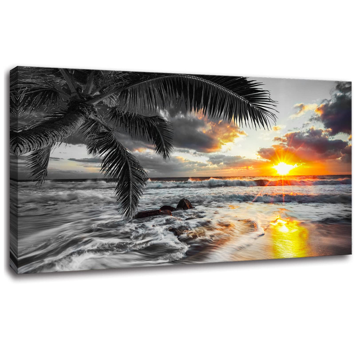 Black and White Wall Art Beach Décor Large Ocean Canvas Pictures Wave Sunrise Seascape Print Painting Palm Poster Sea Artwork for Office Wall Art Bedroom Accessories Living Room Décor (black white Sunrise beach / 48"L x 24"W)