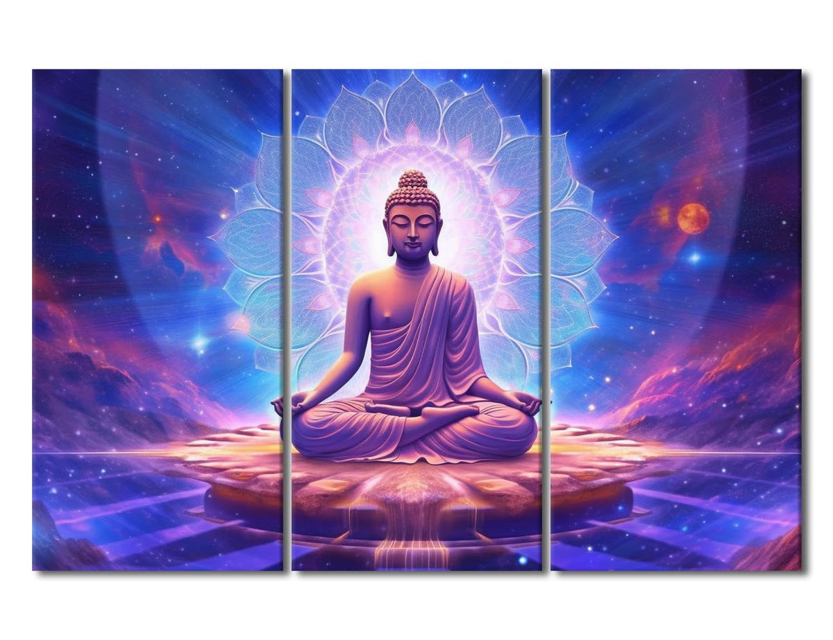 Universe Buddhism Canvas Wall Art Modern Home Wall Decor Buddha From the Galaxy Nucleus Poster 3 Panel Buddha Zen Canvas Art for Living Room Decor Stretched and Framed Ready to Hang 42x28 in (42x28 in / 3PANEL-09)