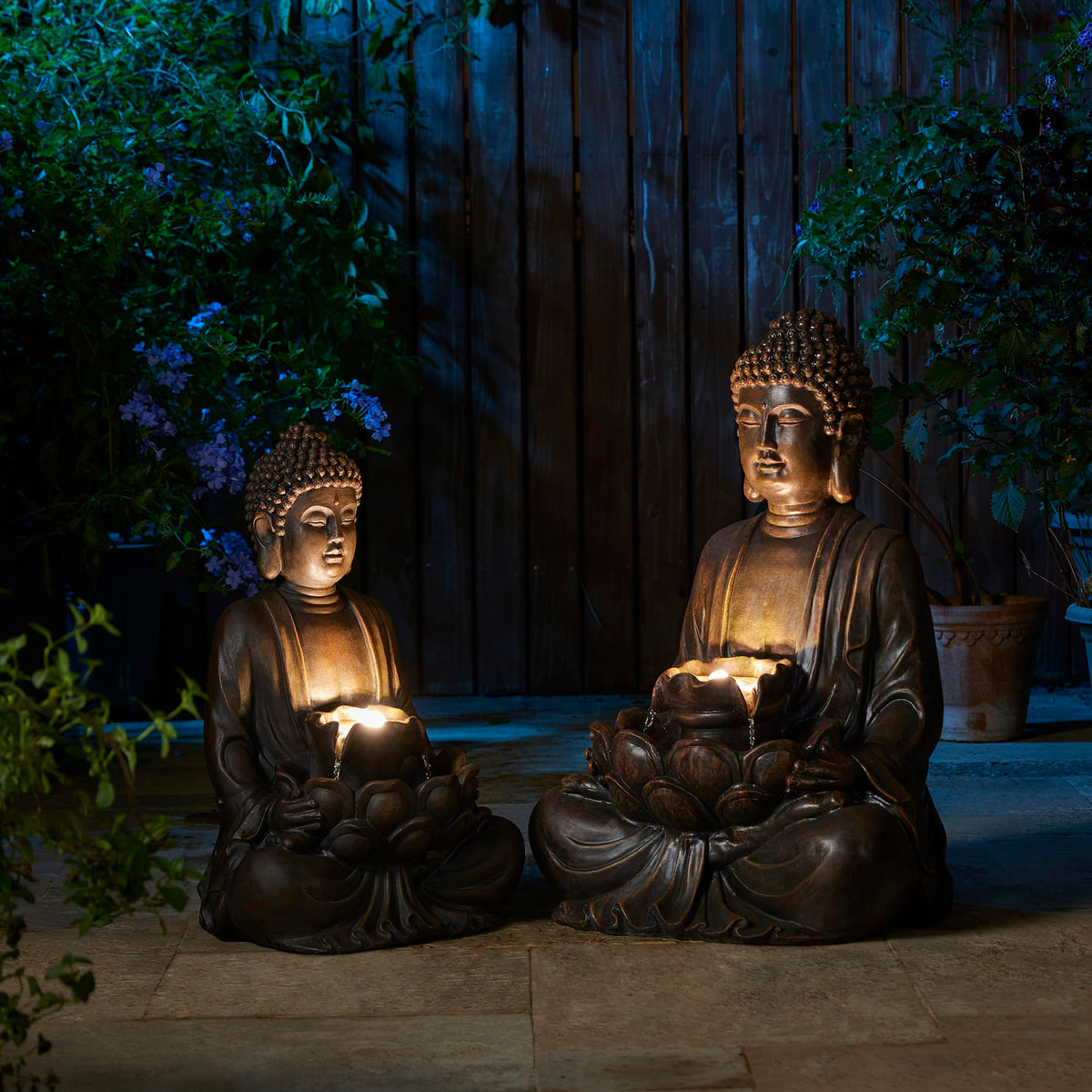 Buddha Fountain with Pump & LED Light (Bronze Buddha W/Lotus Leaf&flower Basins / 28.25"H)