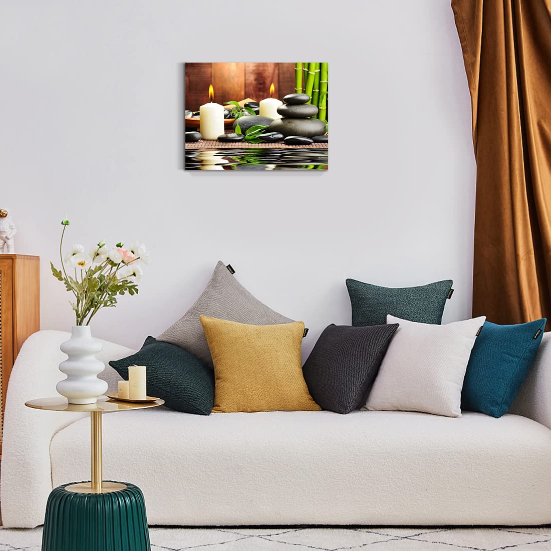 Zen Wall Art Black Stone White Candle Green Bamboo Pictures Prints 12"x16" (Zen Wall Art / 16"L x 12"W)