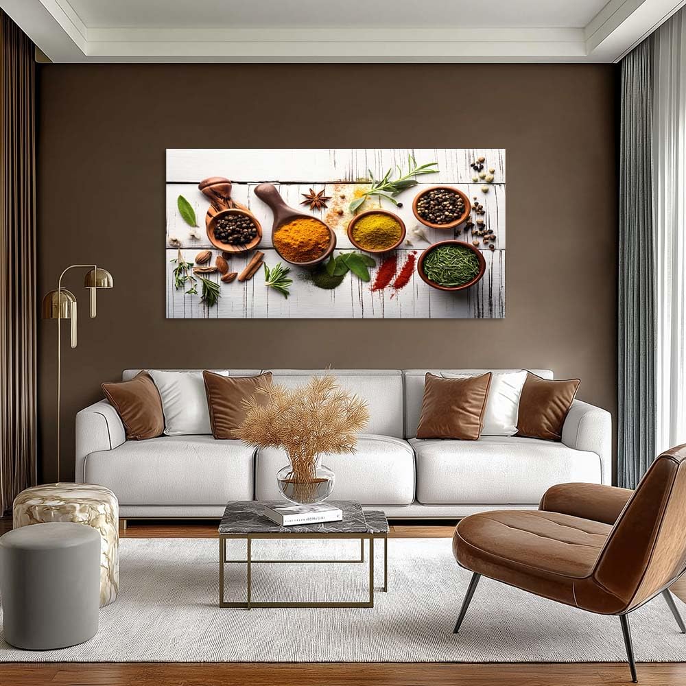 Vintage Culinary Spices Canvas Wall Art Turmeric Curry Herbs Painting Flat Print Gallery Wrapped Artwork for Living Room Bedroom Bathroom Decor (Retro / White Spice Arrangement 15 / 58"L x 28"W)