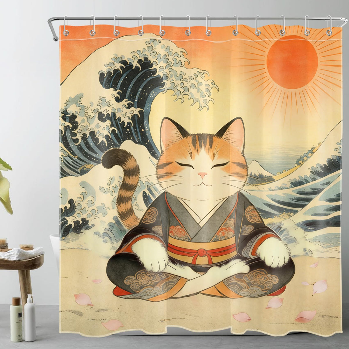 Japanese Cat Shower Curtain for Bathroom (Red / 72"W x 78"L (Pack of 1))