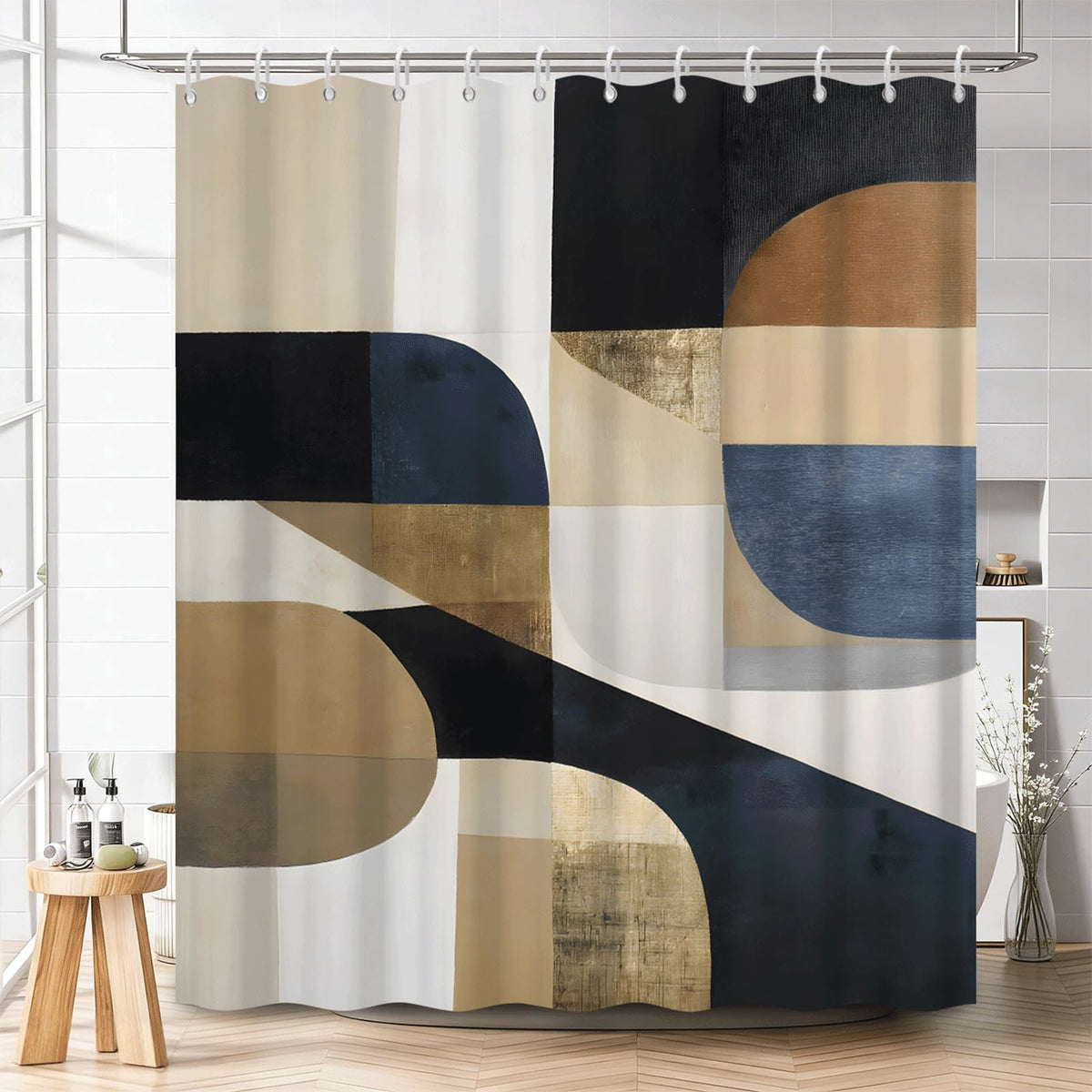 Modern Abstract Shower Curtain with Hooks (Artistic Geometric)