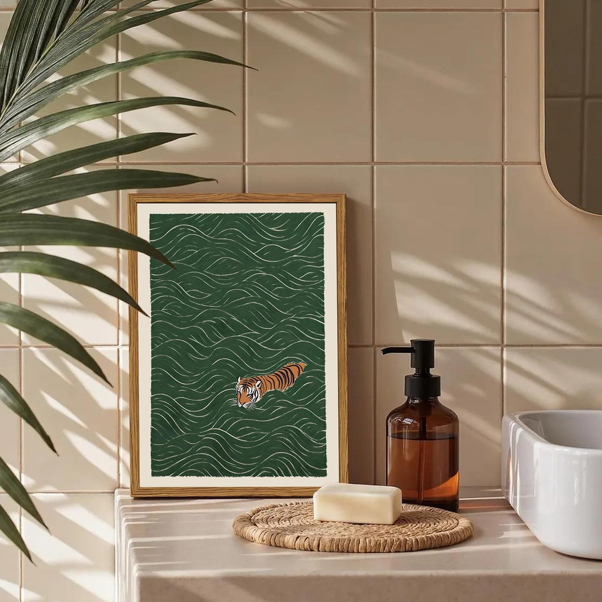 Framed Japanese Tiger Wall Art (Swimming Tiger / 16"L x 12"W)