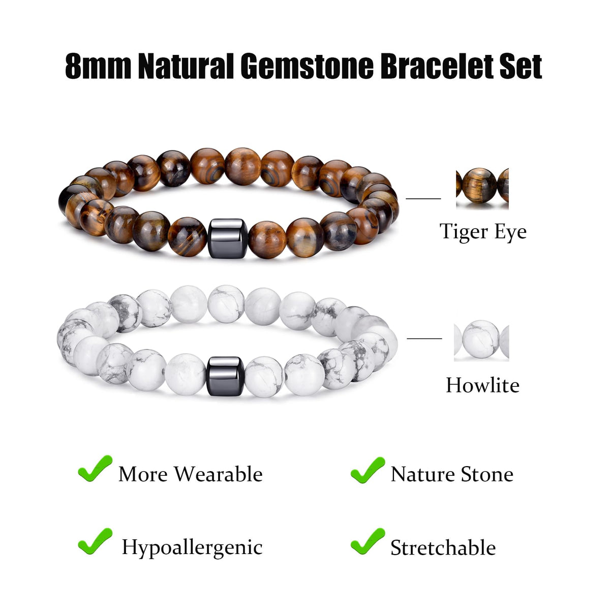Mens Bracelets 8MM Natural Stone Beads Bracelet Set Stretch Adjustable Beaded Bracelets for Men (2,tiger eye,white bracelet)