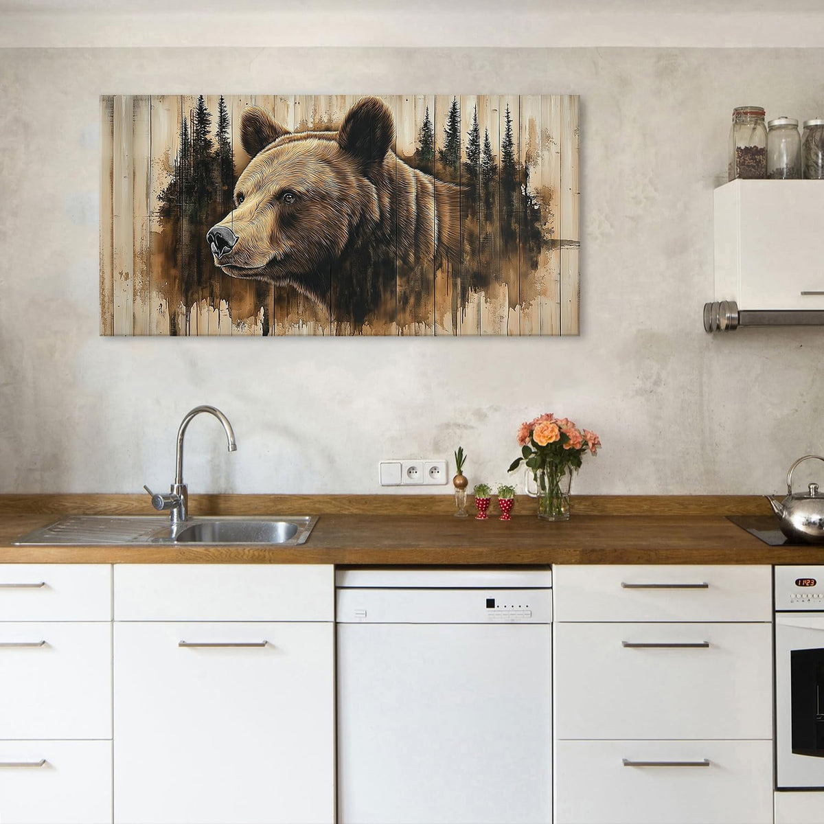 Farmhouse Bear Canvas Wall Art Rustic Bear Picture Wall Decor Living Room Cabin Decorations Forest Wildlife Animal Painting Vintage Grizzly Poster Prints for Kitchen Home Decor Woodland Artwork 24x48” (48"x24"x1 / BEAR)