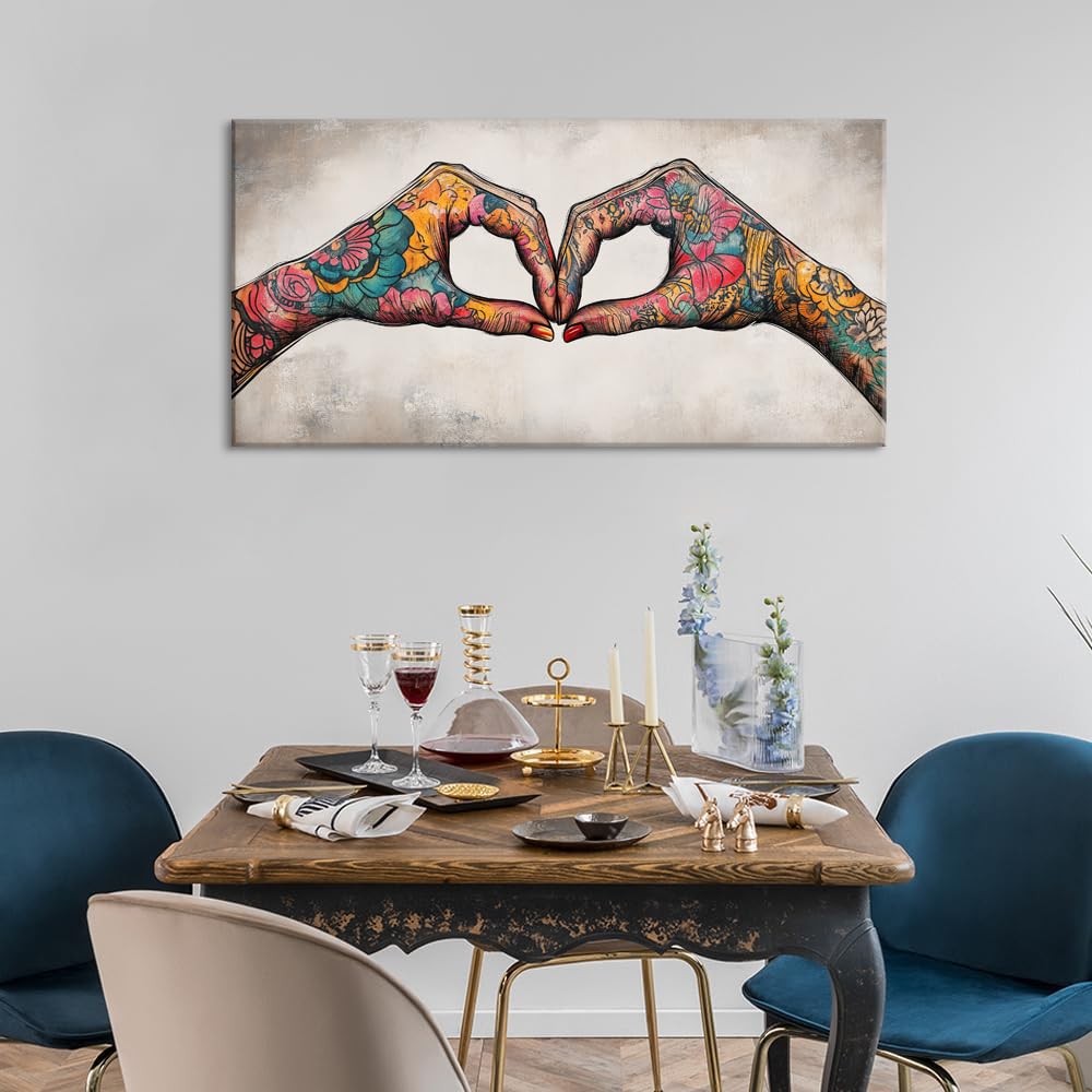 Colorful Two Tattooed Hands Heart Shape Wall Art for Living Room Office Romantic Gesture Contemporary Painting Prints Modern Canvas Artwork Dining Bedroom Decor (Contemporary / Colorful TwoTattooed Hands Wall Art / 40"L x 20"W)