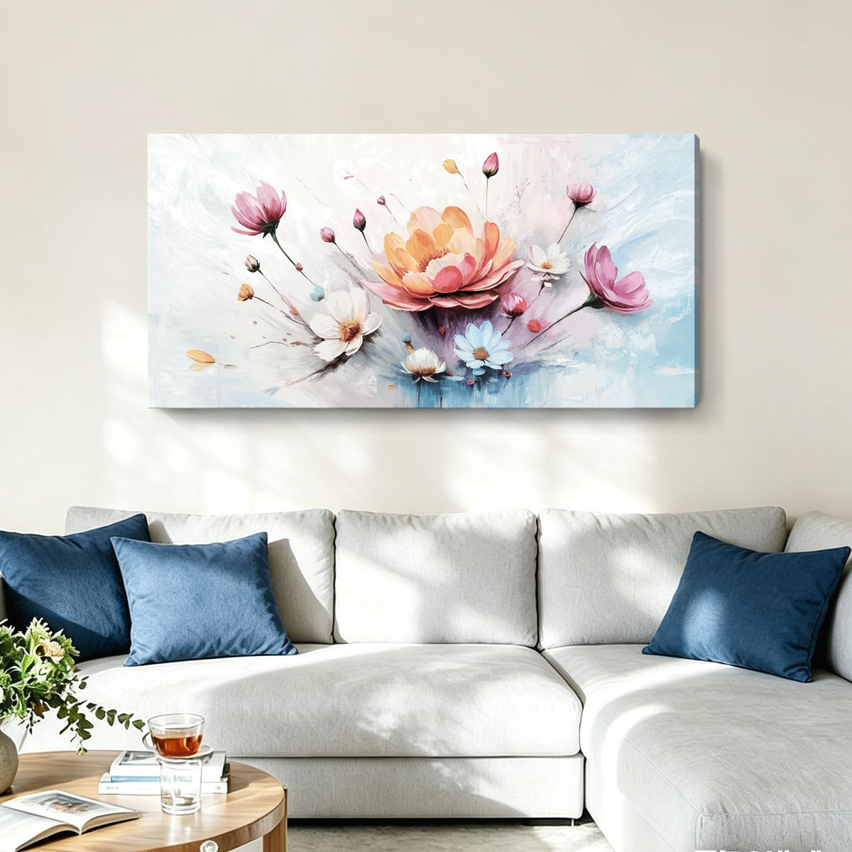 Abstract Floral Wall Art Colorful Canvas For Living Room 48X24 In (Colorful Flower Wall Art / 48"L x 24"W)