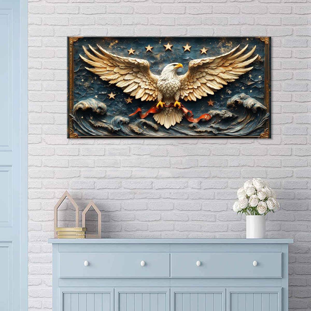 Gold Eagle Wall Art for Living Room Office Relief Sculpture Patriotic Symbol Baroque Ornamental Painting Prints Classic Canvas Artwork Dining Bedroom Decor Large (Baroque / Eagle Relief Sculpture Wall Art / 46L" x 23W")