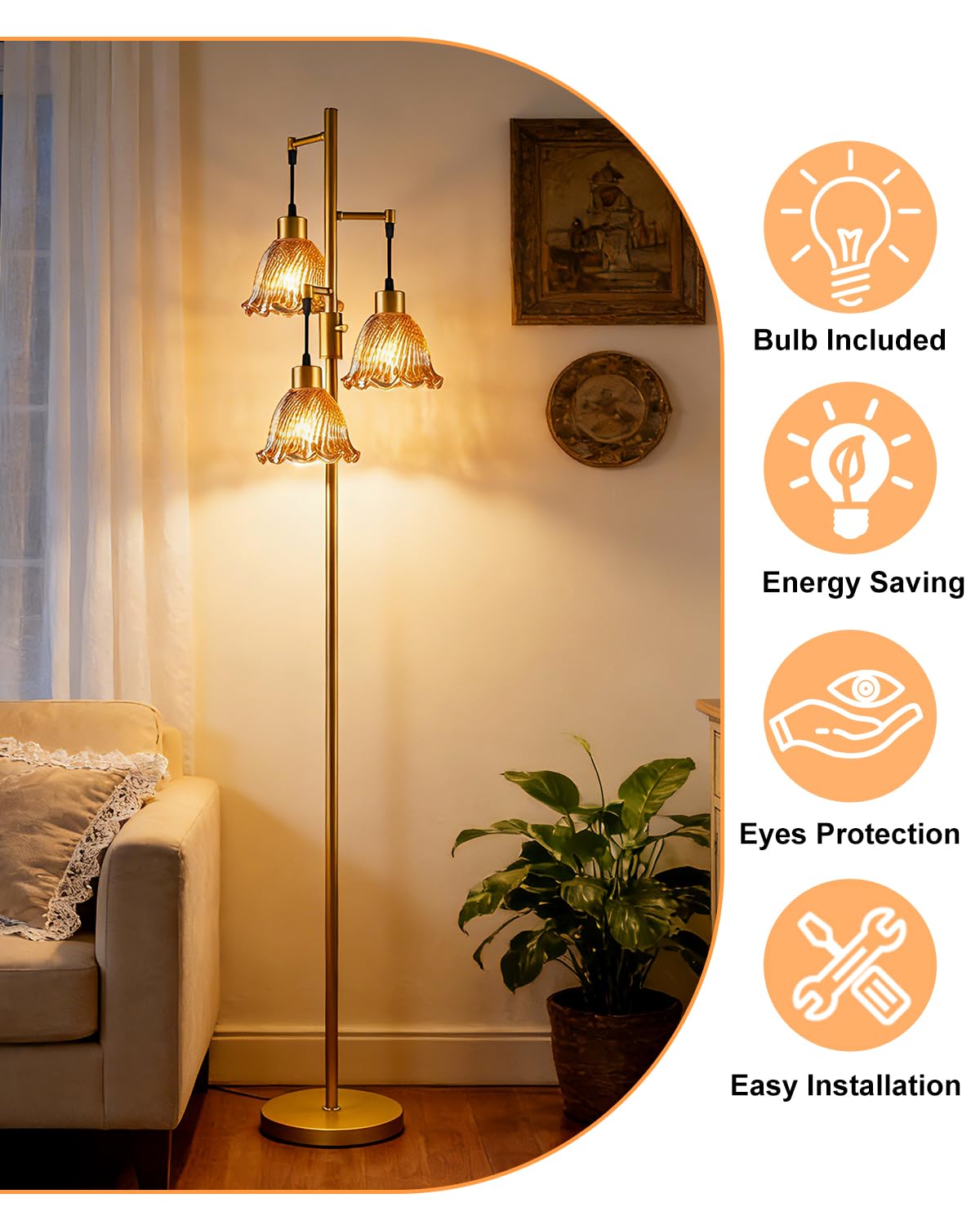 Amber Flower Glass Floor Lamp 3 (3 Amber Flower-Gold)
