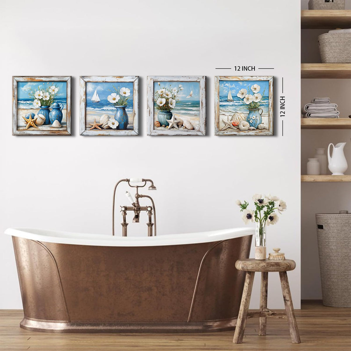 Coastal Wall Art Nautical Bathroom Decor Vintage Beach Theme Pictures Wall Art Vintage Beachy Paintings Canvas Prints Watercolor Flowers Posters Blue Seascape Framed Artwork Home Decorations 12x12” (12"L x 12"W / Beach)