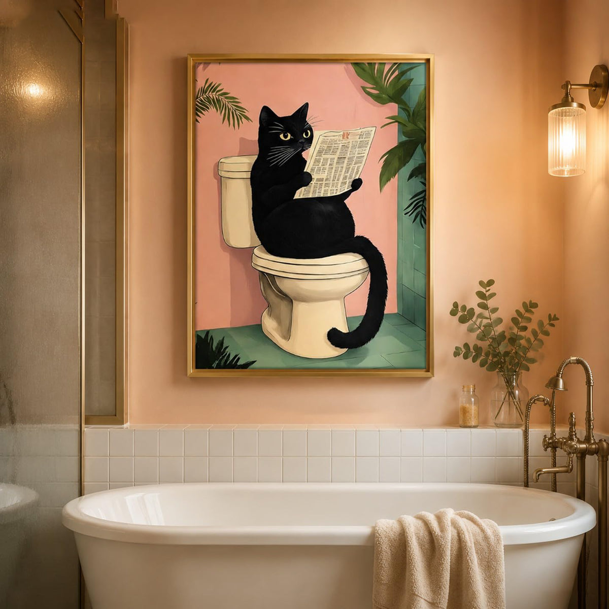 Framed Funny Cat Sitting on Toilet Reading Newspaper Canvas Wall Art 8x10in (black cat / 10"L x 8"W)