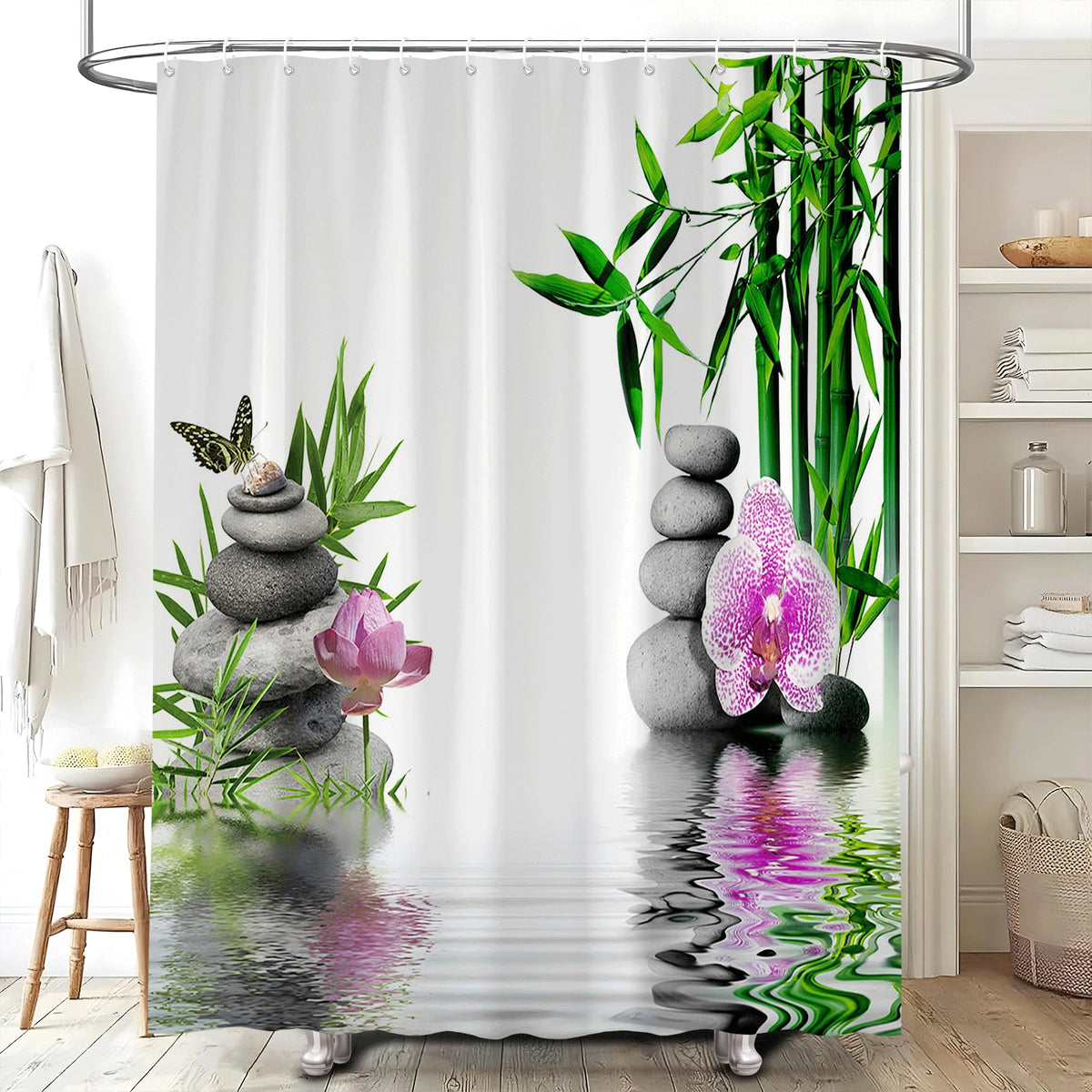 Zen Shower Curtain Green Leaf Floral Purple Flower Butterfly Lotus Black Stone Japanese Garden Relax Meditate Spring Nature Theme Rustic Polyester Curtains Bathroom Decor Set with Hooks 70Wx84H Inch (White / 70"W x 84"L (Pack of 1))