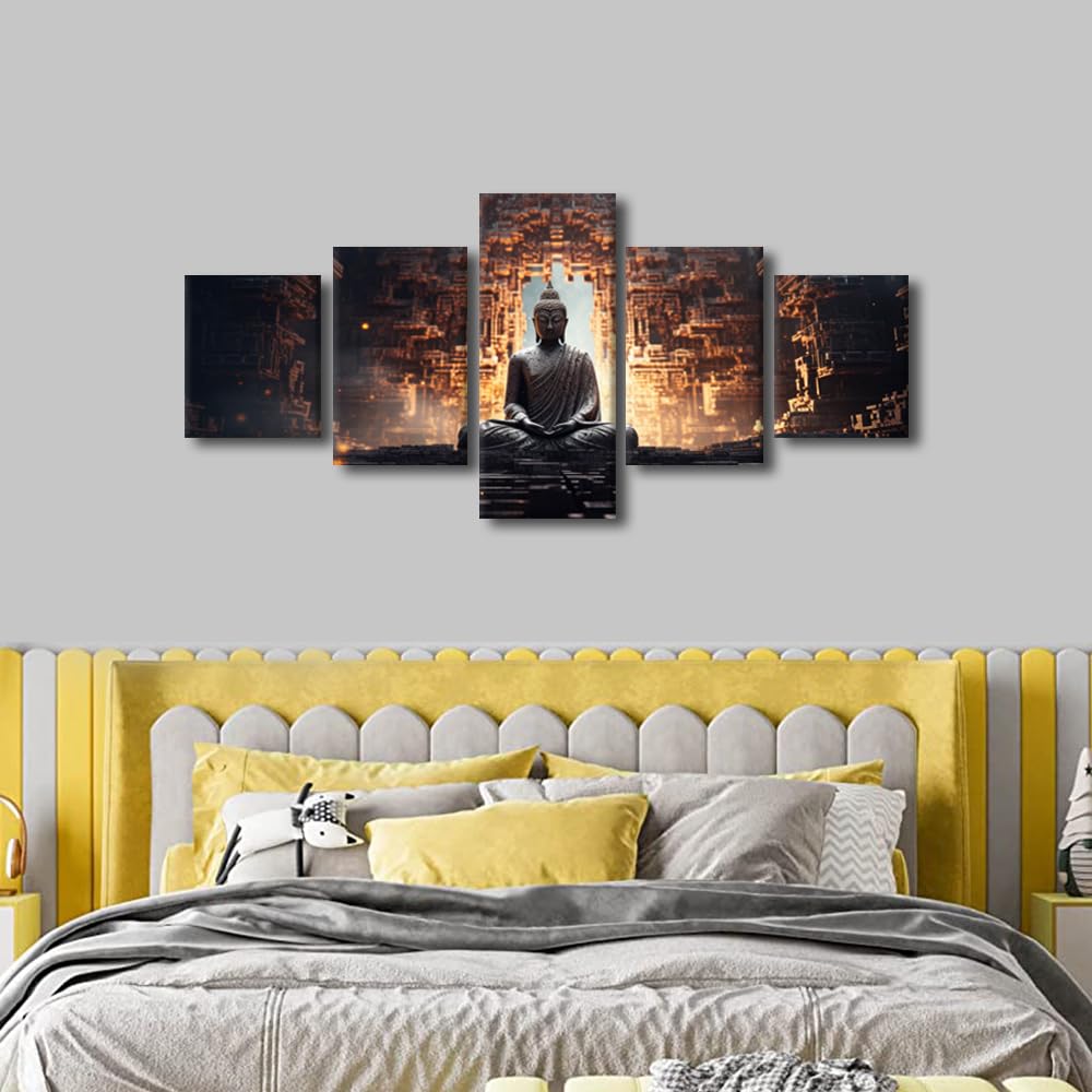 Men Canvas Wall Art Modern 5 Panel Home Wall Decor Buddha Statue in Cave Poster Prints on Canvas Mysterious Ancient Buddha Picture for Bedroom Office Decor Stretched and Framed Ready to Hang 50x24 in (50x24 in / 5PANEL-10)