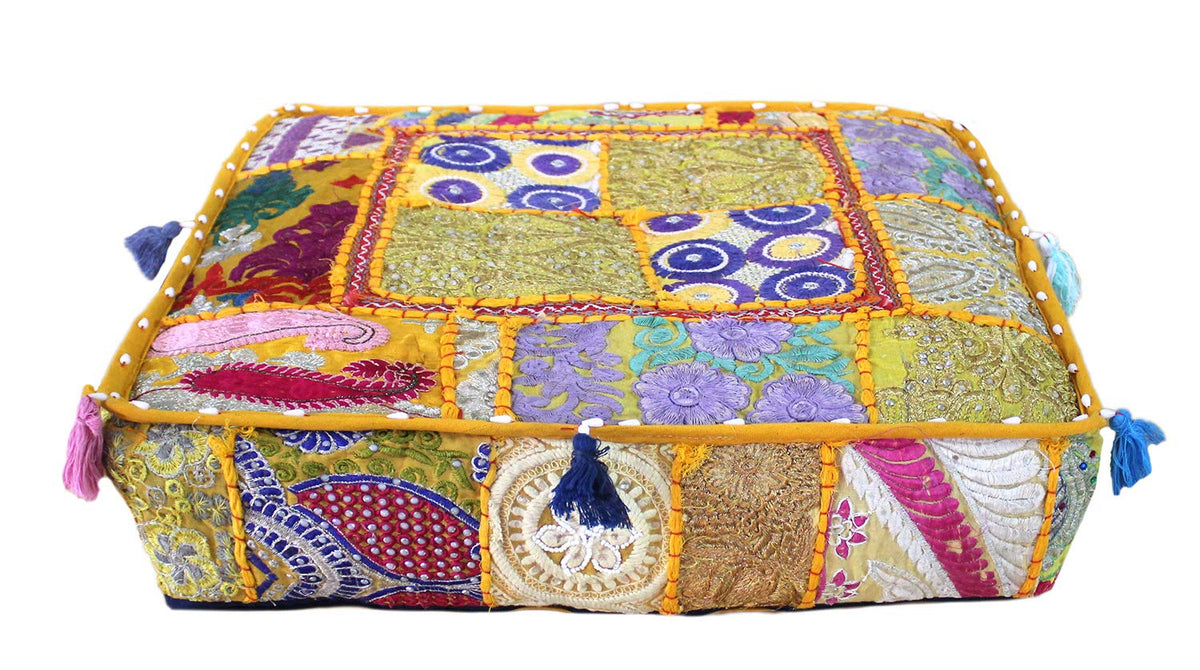Indian Square Patchwork Traditional Pouf Cover Indian Living Room Poufs Decorative Embroidered Designer Ottoman Home Living Footstool Chair Cover Decor Pillow Cover 16x16x5 inches (16"D x 16"W x 5"H / Yellow)