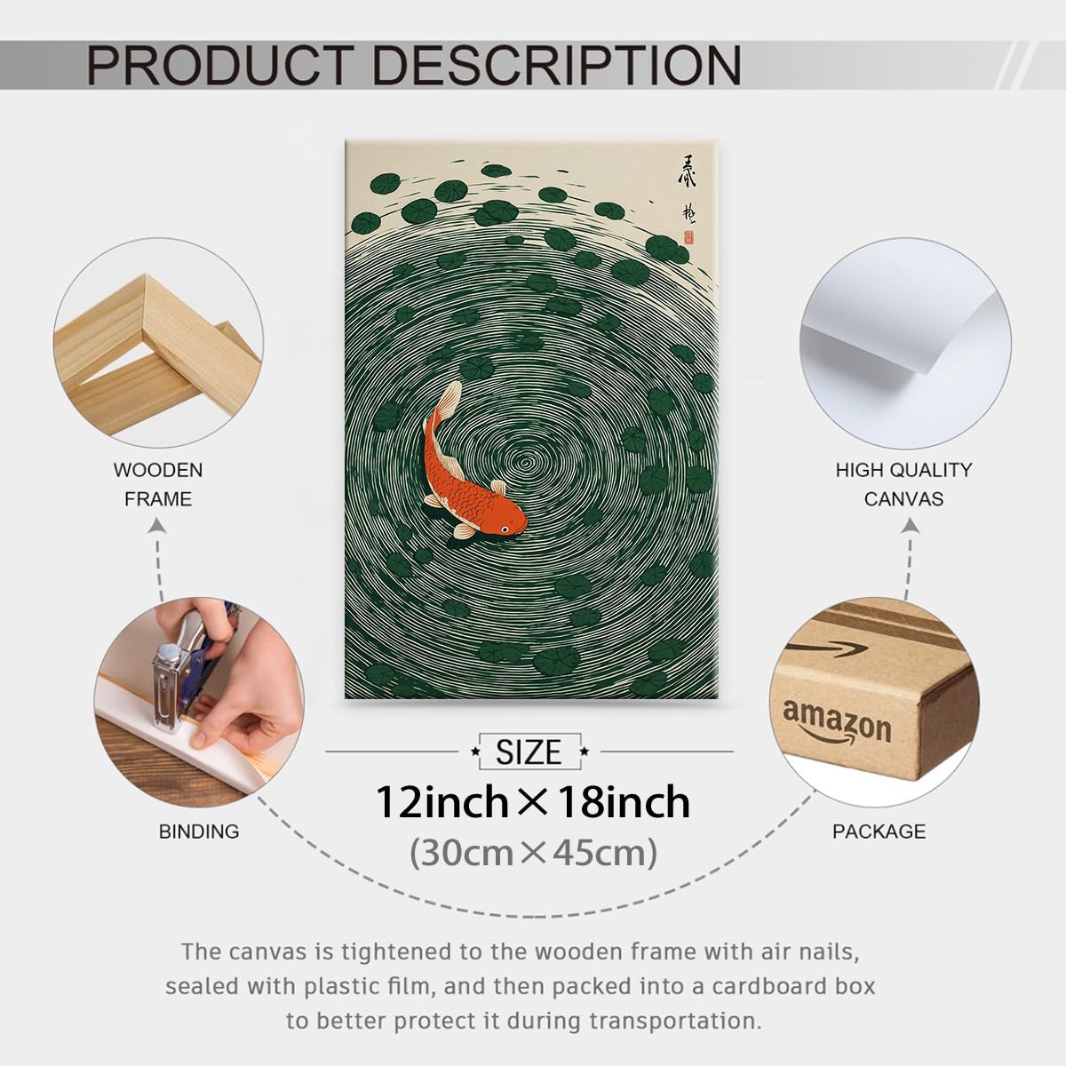 Japanese Koi Fish Framed Poster Oriental Asian Lucky Carp Canvas Wall Art 12x18 inch Retro Japan Room Aesthetic Print Minimal Green Painting for Zen Water Living Room Office Decor Ready to hang (Wrapped Canvas / Japanese Koi Fish / 18"L x 12"W)