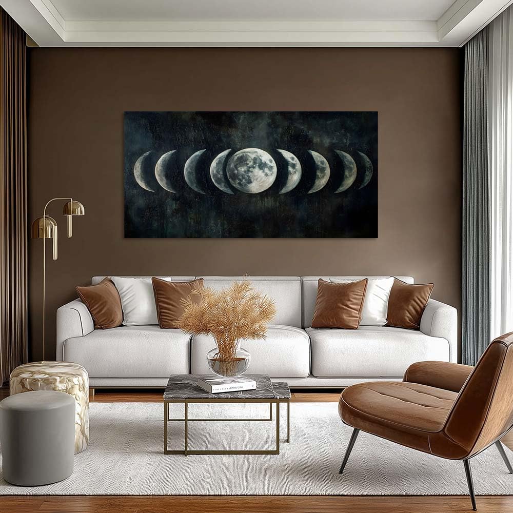 Moon Phase Canvas Wall Art Lunar Cycle Celestial Painting Flat Print Gallery Wrapped Dark Moody Artwork for Living Room Bedroom Bathroom Decor (Mysterious / Black Moon Phases 36 / 58"L x 28"W)