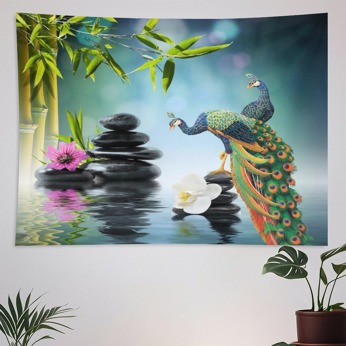 Zen Garden Tapestry Wall Hanging Peacock Green Bamboo Leaf Purple White Flower Black Stone Water Landscape Spa Themed Tapestries Home Decor for Living Room Bedroom 30"x40" (30"L x 40"W / Zen-9)