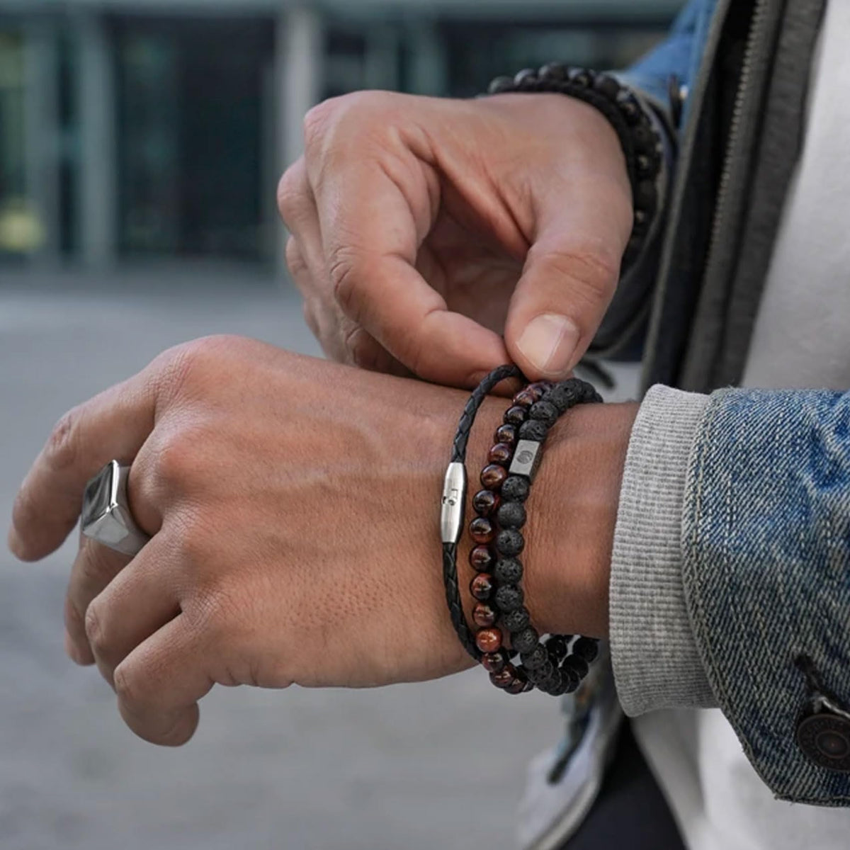 Mens Bracelets 8MM Natural Stone Beads Bracelet Set Stretch Adjustable Beaded Bracelets for Men (4,black,white)