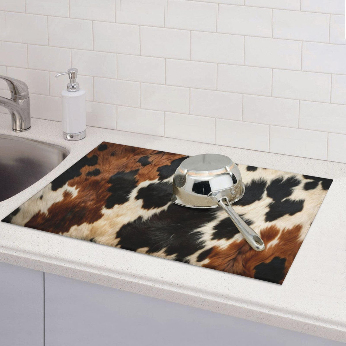 Cow Print Black and White Cowhide Dish Drying Mat 18x24 Inch (Black Brown)