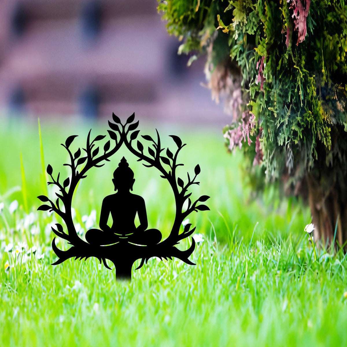 Zen Buddha Metal Garden Stake Decor (Black)