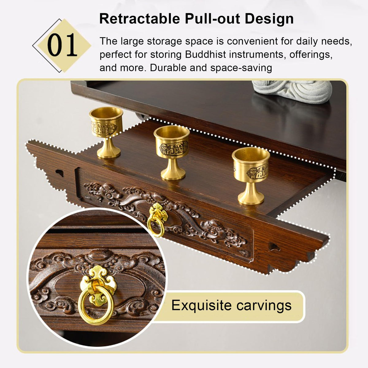 Bamboo Wooden Pooja Stand for Home Temple and Office Puja Mandir God Statue Shelf Wall Mounted Hanging Table top for Home Decor Altar Table (60cm / 23.6in)
