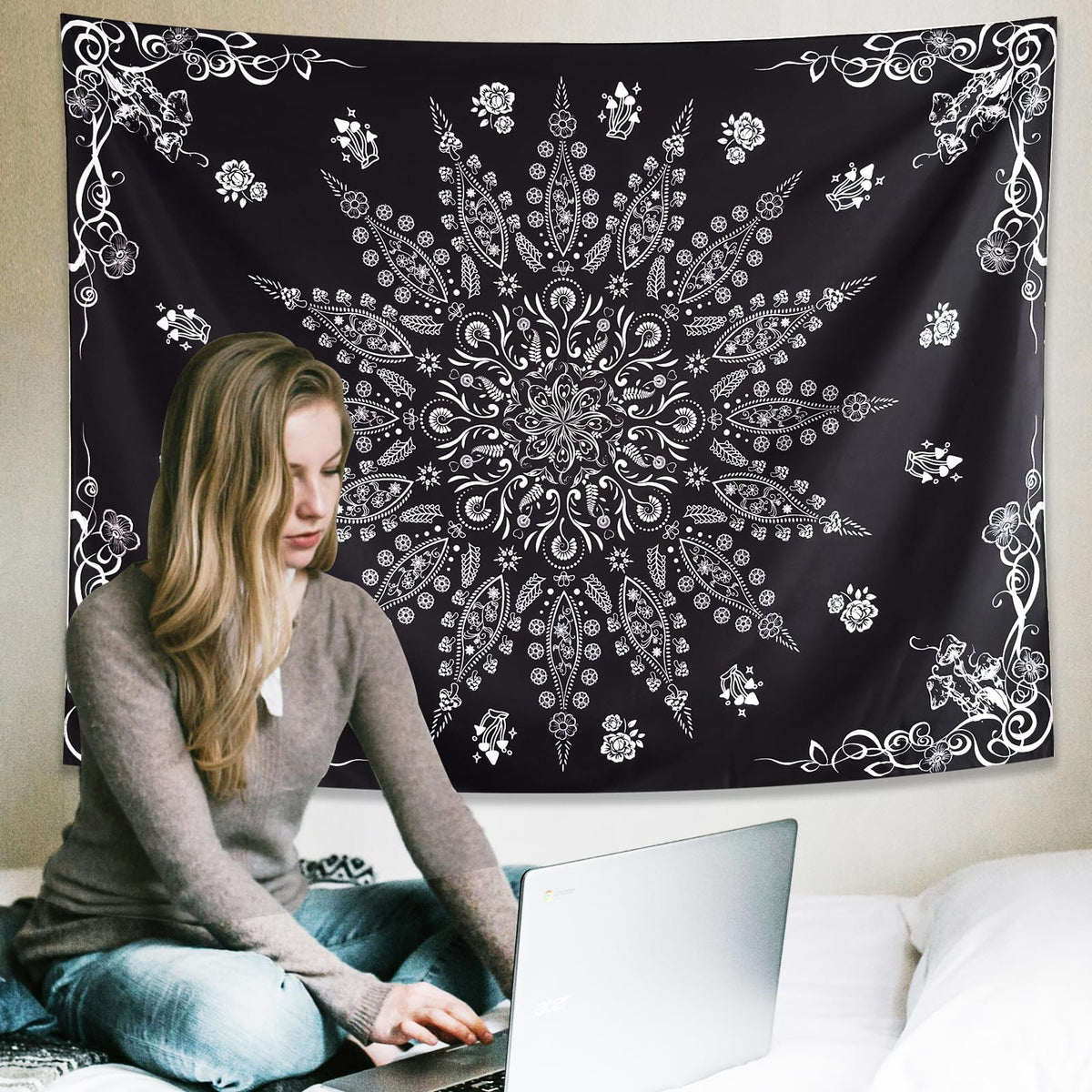 Black and White Mandala Tapestry Wall Hanging for Bedroom 79" x 59" (Black / 79"L x 59"W)