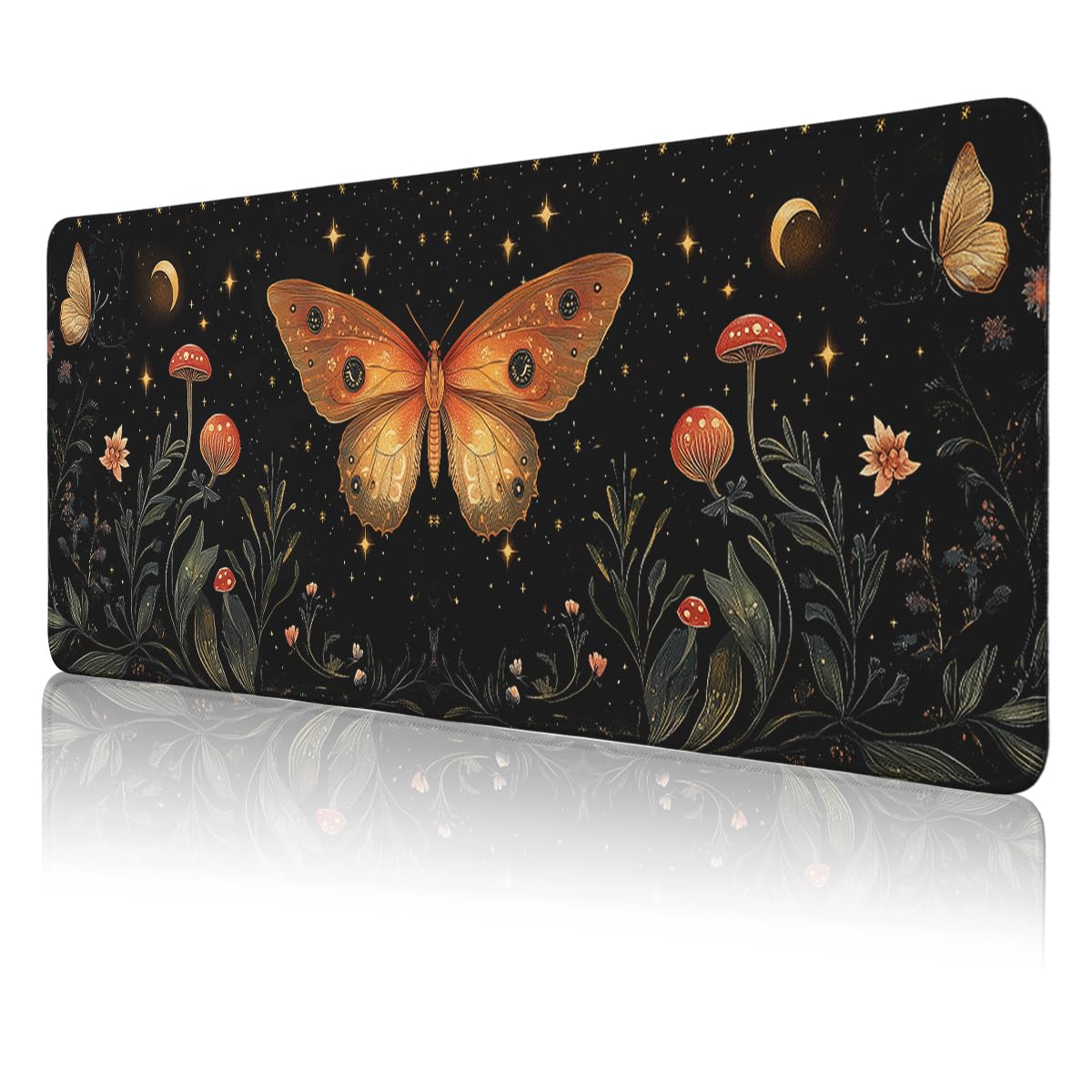 Celestial Moth Large Gaming Mouse Pad Vintage Mushroom Floral Moon Desk Mat (Celestial Moth / 35.4L x 15.7W inches)