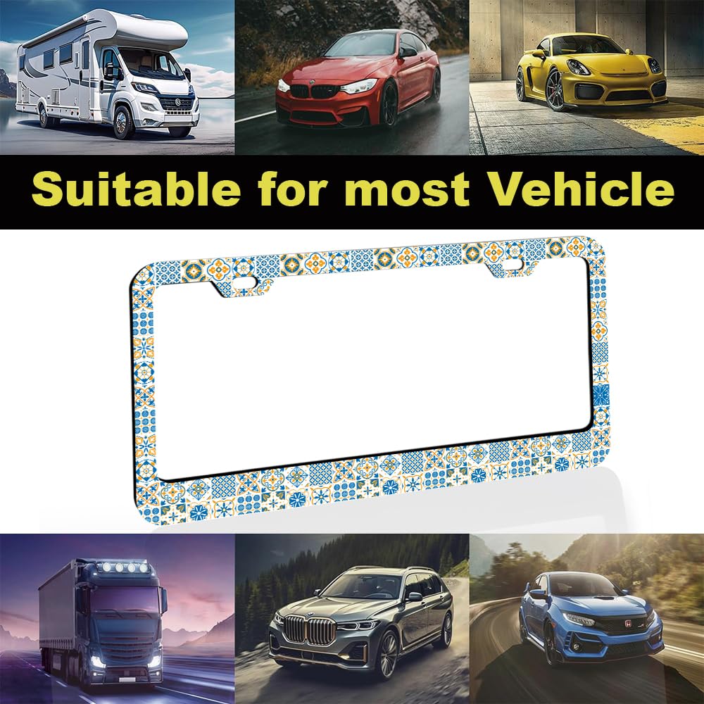 Blue White Mediterranean License Plate Frame Women 2Pc Car Tag (for Blue Vintage Mexican)