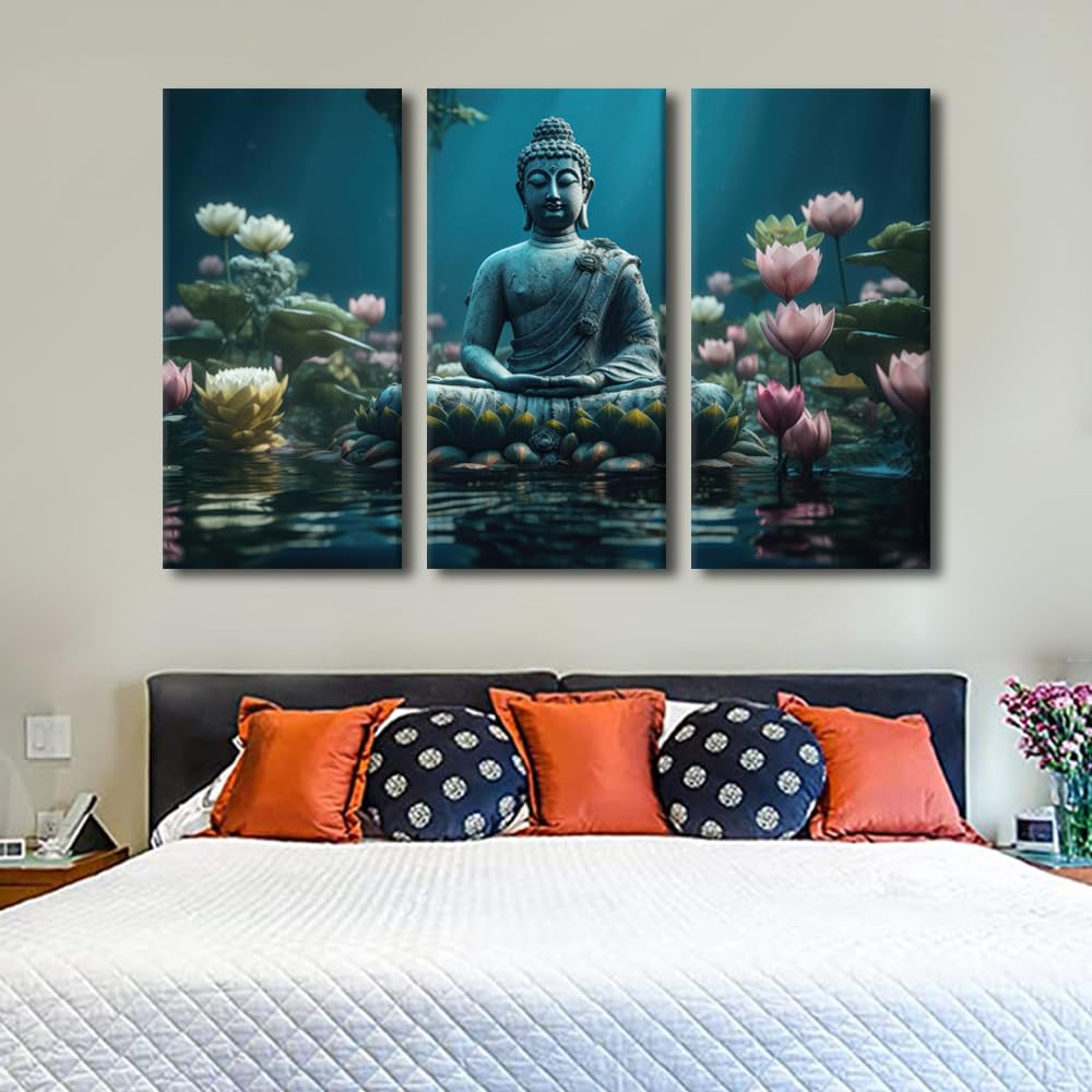 Canvas Wall Art for Living Room Modern 3 Panel Buddha Poster Decor Buddha Statue in the Water Picture Printing for Buddhist Believers Bedroom Decor Stretched and Framed Ready to Hang 42x28 in (42x28 in / 3PANEL-07)