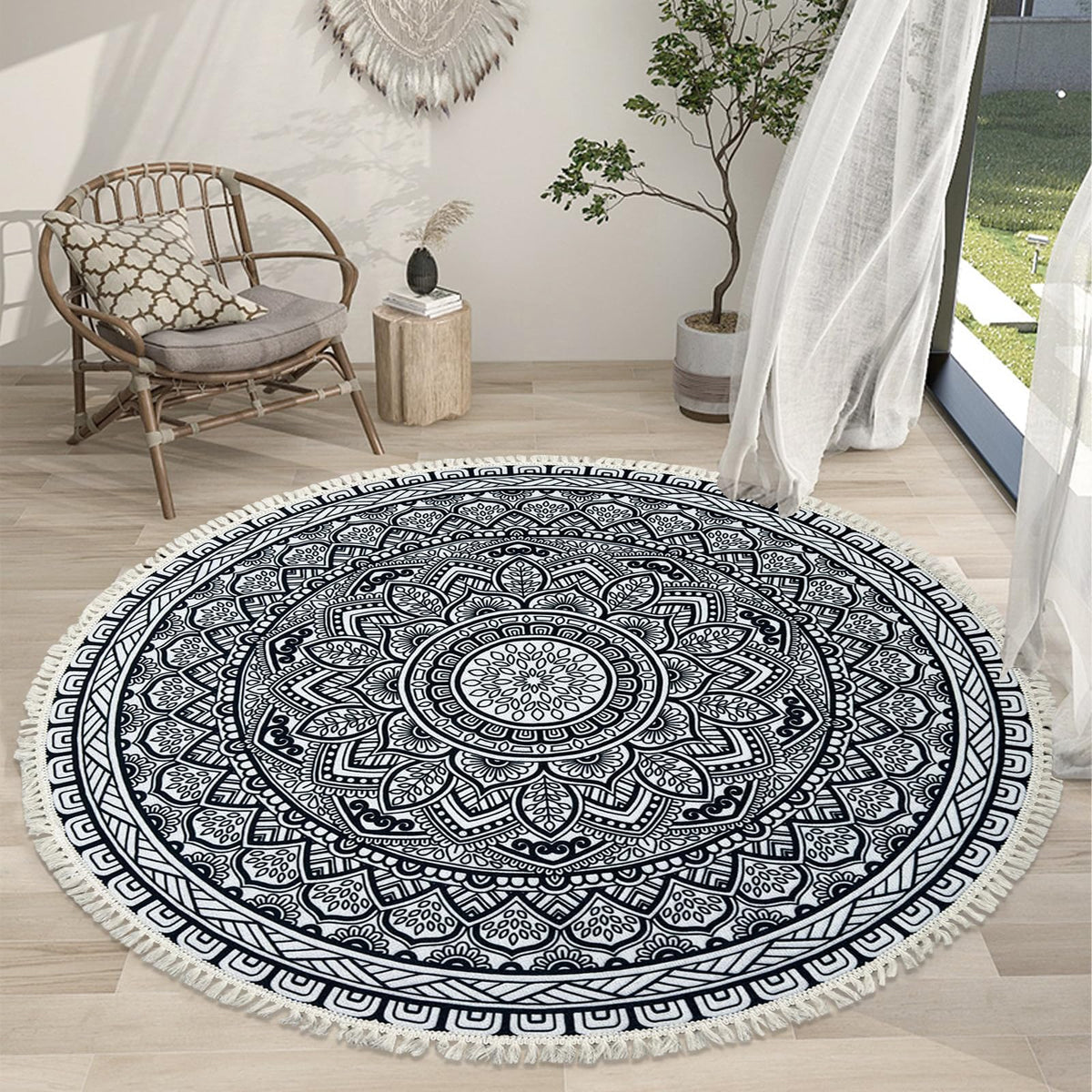 Round Rug 5Ft Circle Boho Washable Farmhouse Bedroom Carpet (Boho Flower 2 / 5' (Round))