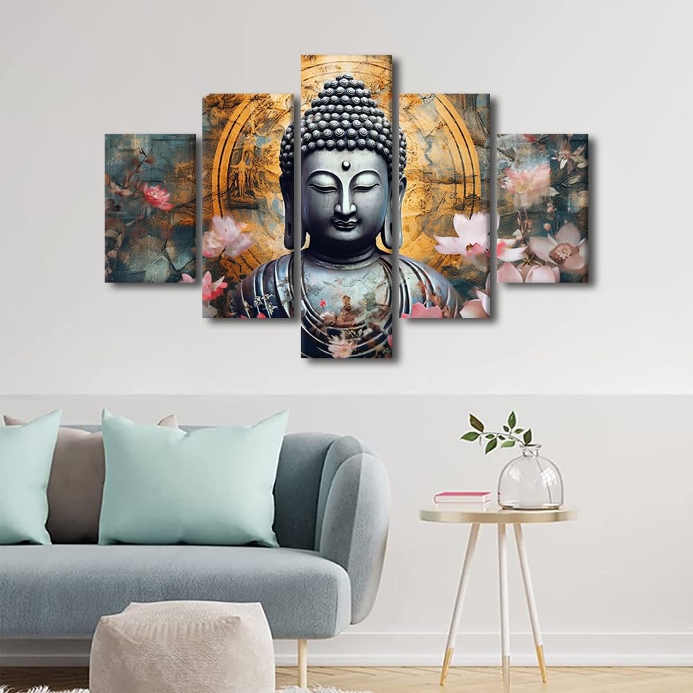 Buddha Canvas Wall Art Modern Living Room Decor Buddha Abstract Painting Oil Painting Artwork 5 Panel Buddha Meditates Picture for Bedroom Office Decor Stretched and Framed Ready to Hang 60x40 in (60x40 in / 5PANEL-15)
