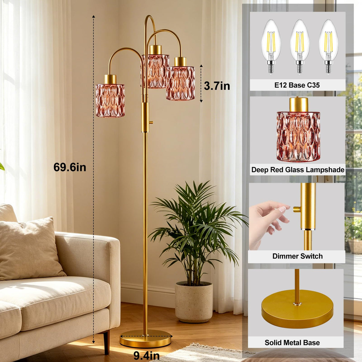 Red Glass Floor Lamp 3 (Deep Red Cylinder-Gold)