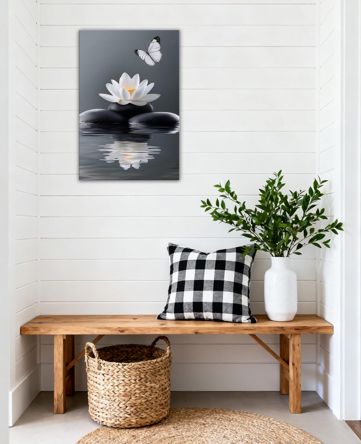 Zen White Lotus Canvas Wall Art Spa Room Meditation Wall Decor Peaceful Stone Butterfly Posters Prints for Bathroom Yoga Spiritual Room Bedroom Decoration (Artwork-3 / 42"L x 28"W)