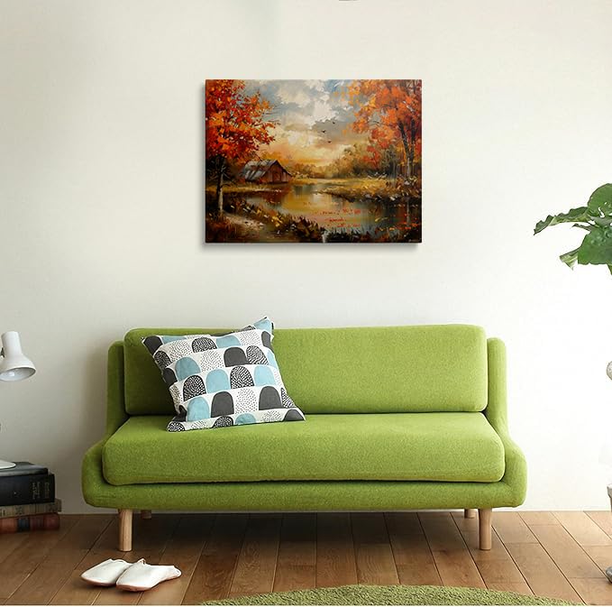 Canvas Wall Art Framed Autumn Landscape Farmhouse Barn Lake Fall Trees Wall Decor Rustic Country Nature Prints Posters Painting Artwork for Living Room Bedroom Kitchen Office Home Warm 12x16 Inches (Autumn Landscape / 16"L x 12"W)