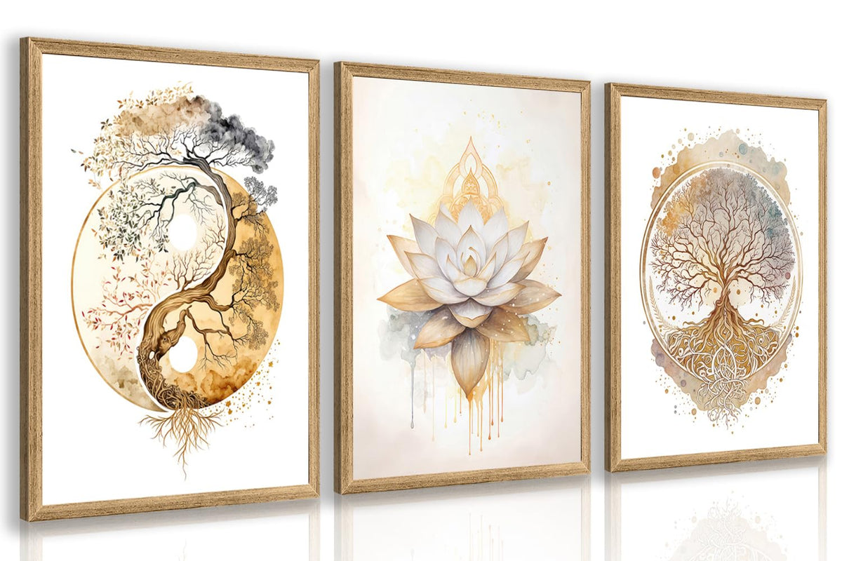 Wood Framed Tree of Life Spiritual Wall Art Set of 3 (White-Gold(Wood) / 24"L x 16"W)