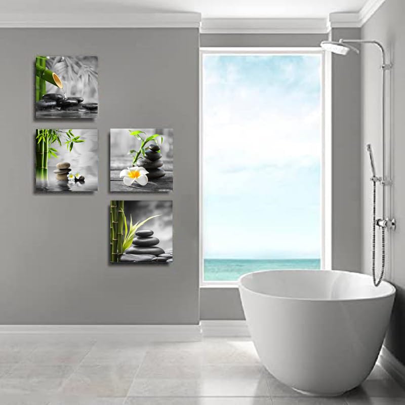 Zen Bathroom Decor Black and White Wall Art Grey Green Room Decor Stone Bamboo Pictures Canvas Meditation Posters Prints Artwork Bedroom Wall Decor Living Room Kitchen Decorations (AzenHB / 12"L x 12"W)