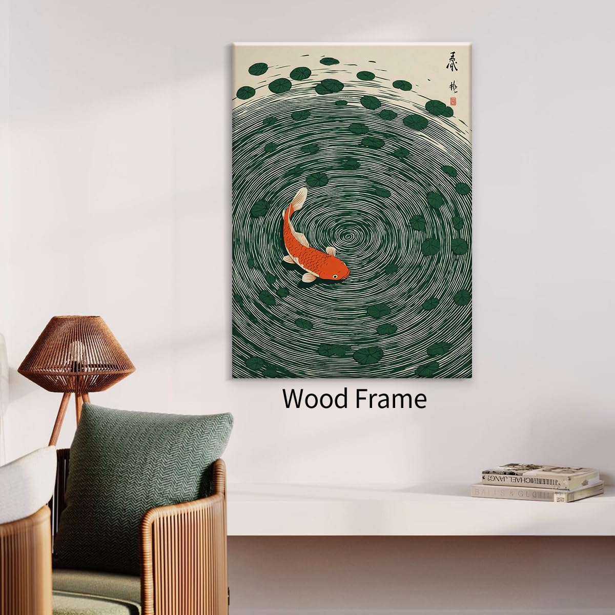 Japanese Koi Fish Framed Poster Oriental Asian Lucky Carp Canvas Wall Art 20x30 inch Retro Japan Room Aesthetic Print Minimal Green Painting for Zen Water Living Room Office Decor Ready to hang (Wrapped Canvas / Japanese Koi Fish / 30"L x 20"W)