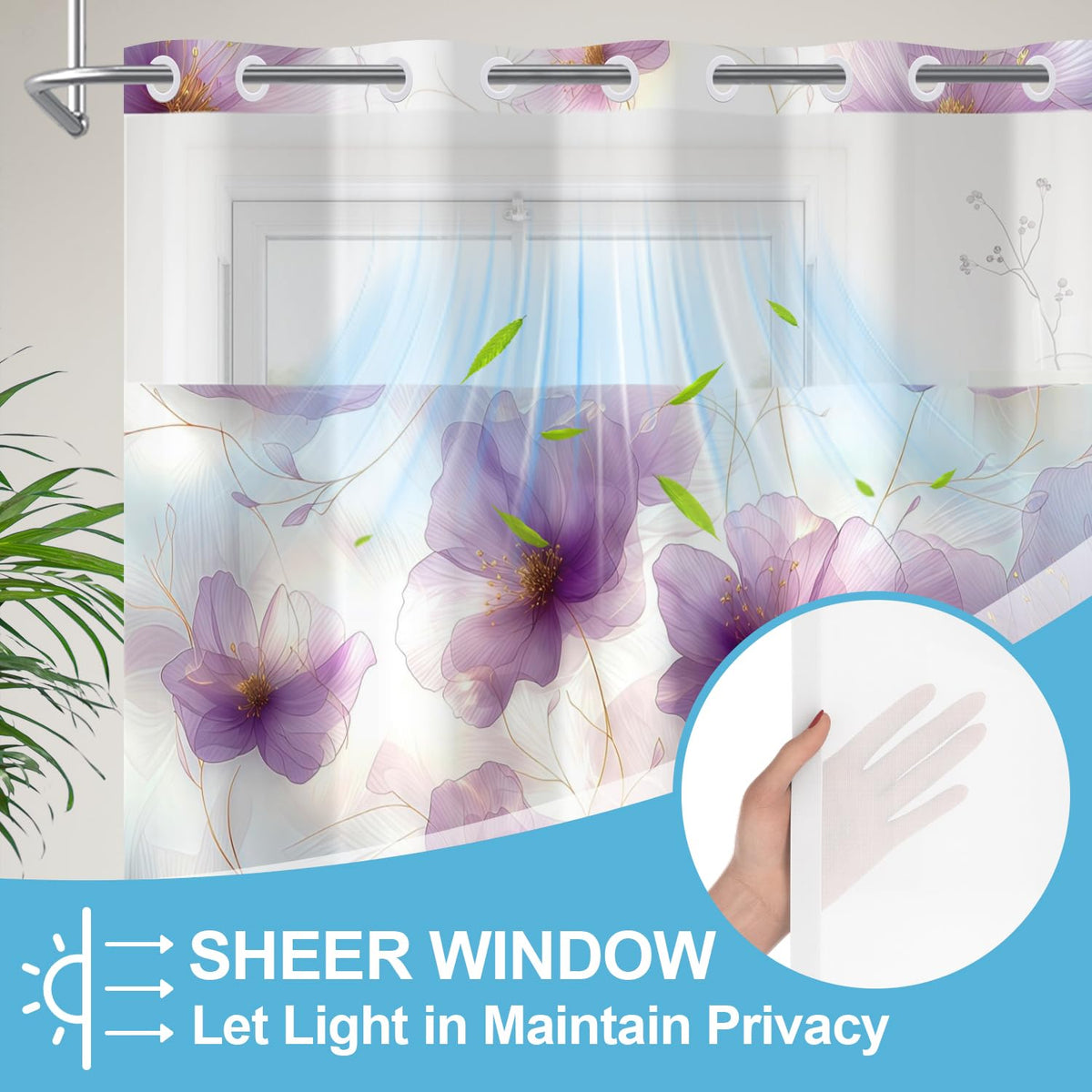No Hook Flower Shower Curtain with Snap in Liner Set Purple Floral Shower Curtains Modern Arch Pattern Waterproof Fabric Machine Washable Bathroom Hotel Decorative 71x74 Inch (Purple2)