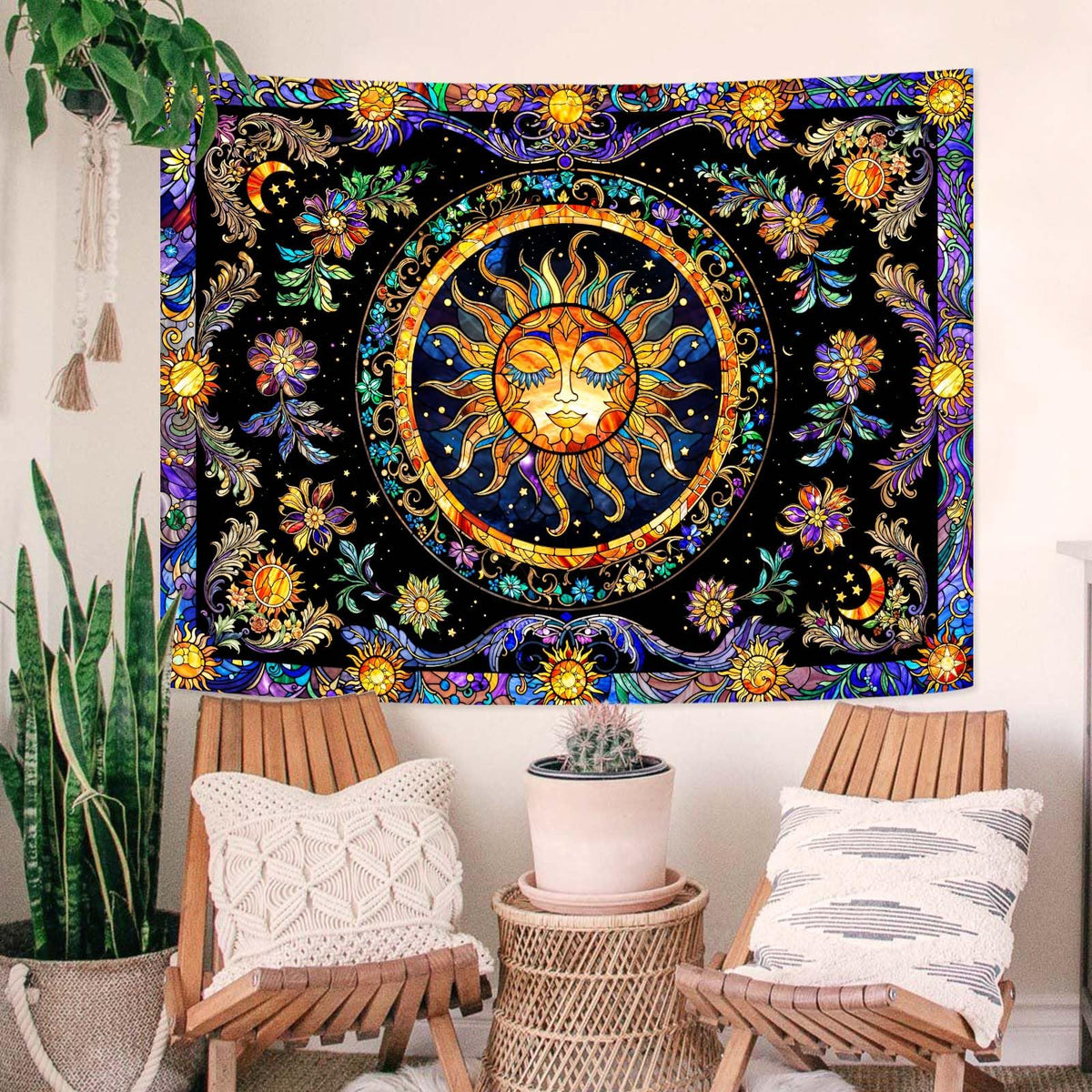 Sun Tapestry Stained Glass Tapestry Wall Decor Tapestries for Bedroom Boho Tapestries Wall Hanging for Bedroom Living Room Glass (Yellow Black / 60"L x 44"W)