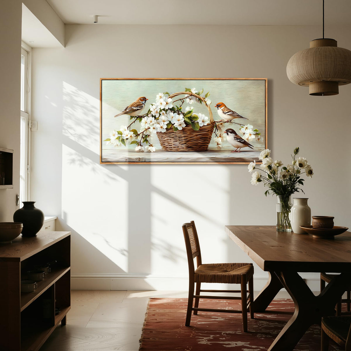 Vintage Still Life Large Framed Wall Art Spring Flower Birds Decor (Sparrows Flowers / 48"L x 24"W)