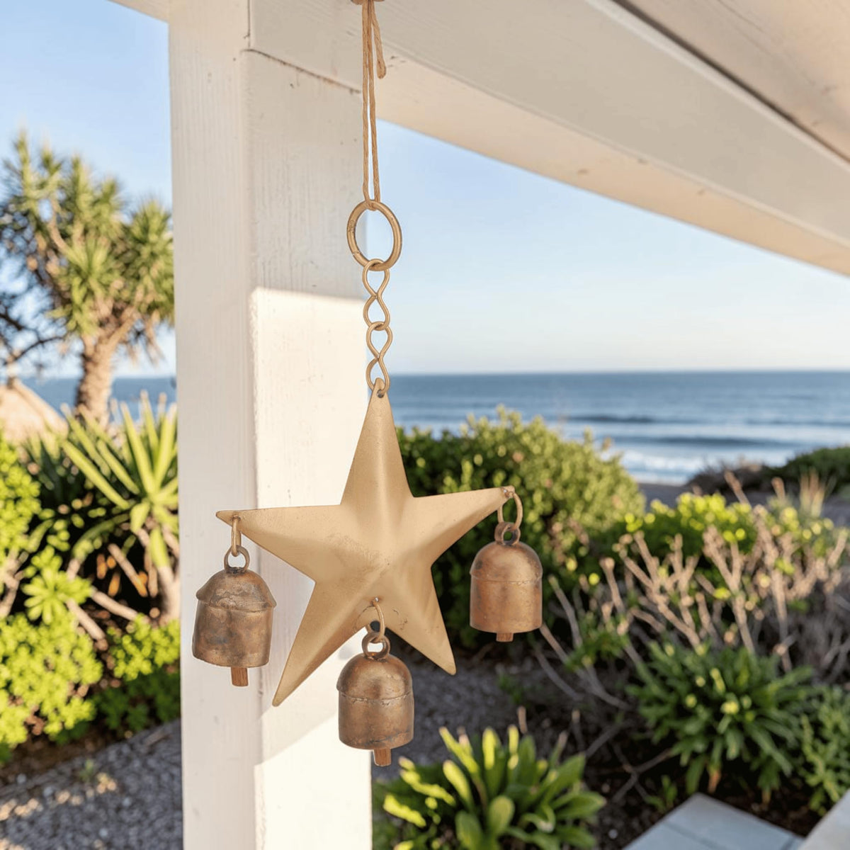 Wind Chime for Outside with 3 Rustic Cow Bells (Golden Star Chime)
