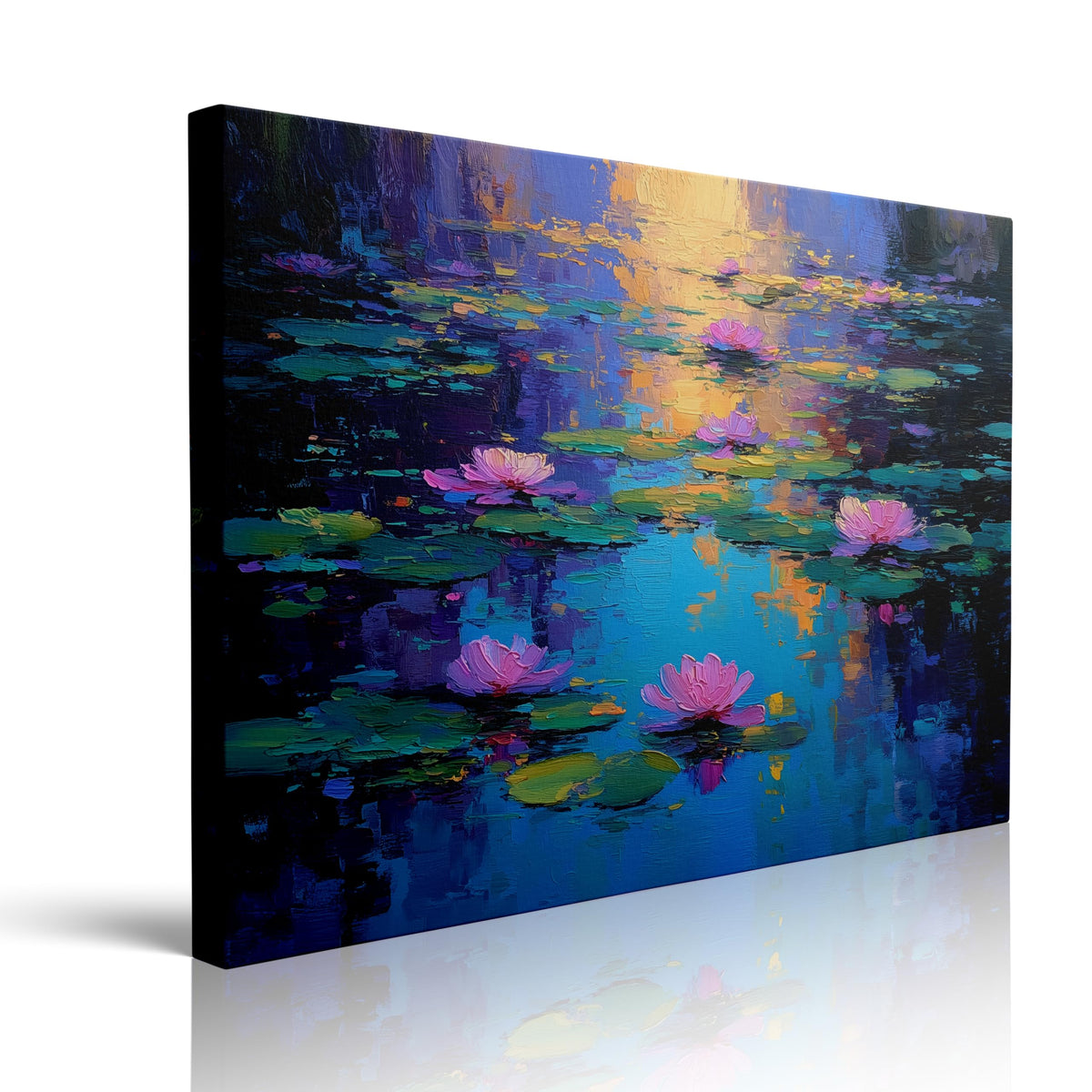 Calming Water Lilies Canvas Wall Art Framed Impressionist Painting Pink Blooms on Serene Pond Textured Brushstrokes Blue Turquoise Reflection Zen Wall Decor Artwork Poster 16x24 Inches (Water lilies / 24"L x 16"W)