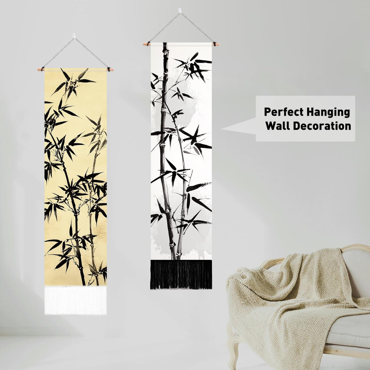 2 Pack Bamboo Leaf Tapestry with Tassels (white,yellow)