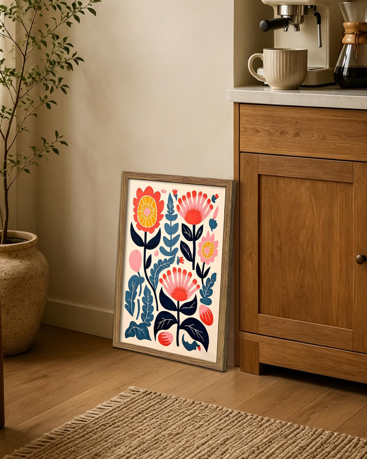 Framed Scandinavian Floral Canvas Wall Art (A-Bohemian Flower / 24"L x 16"W)