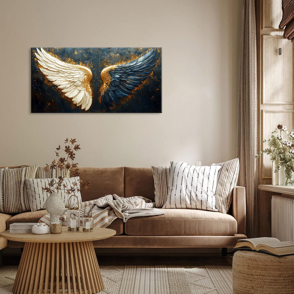 Multicolor Angel Wings Wall Art for Living Room Office Spiritual Symbolism Abstract Expressionism Painting Prints Modern Canvas Artwork Dining Bedroom Decor (Abstract / White Blue Gold Angel Wings Wall Art / 40"L x 20"W)