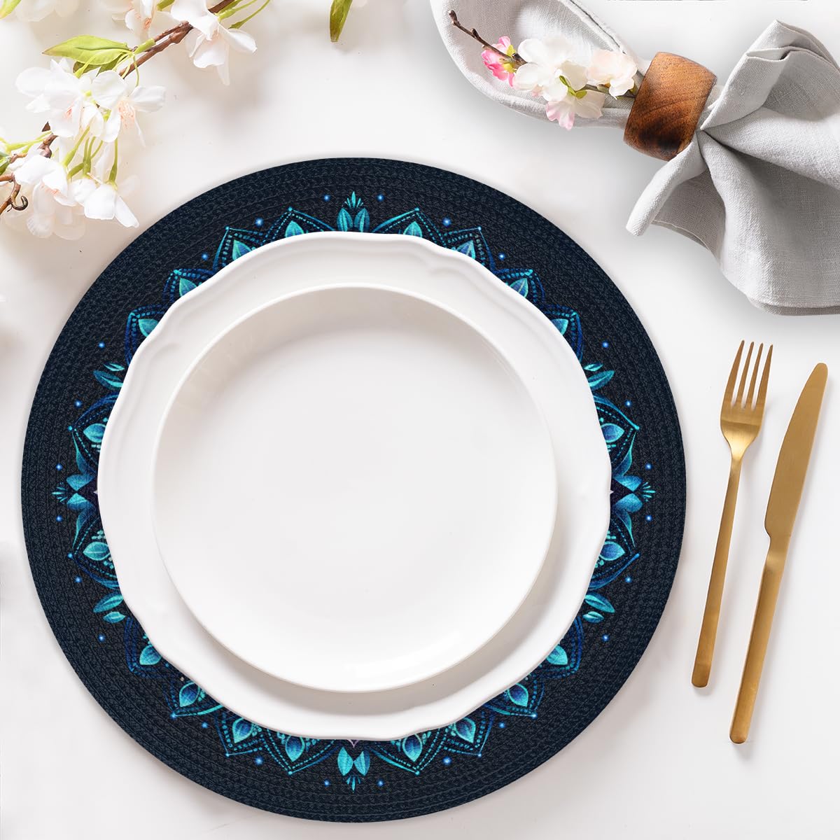 Mandala Woven Placemats Round Placemats Set of 4 Festival Party (A 013 / 4 pieces)