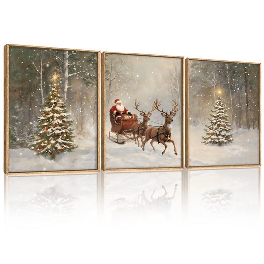 Christmas Santa Reindeer Framed Canvas Wall Art Set (Santa Reindeer Wall Art / 12''x16''x3)