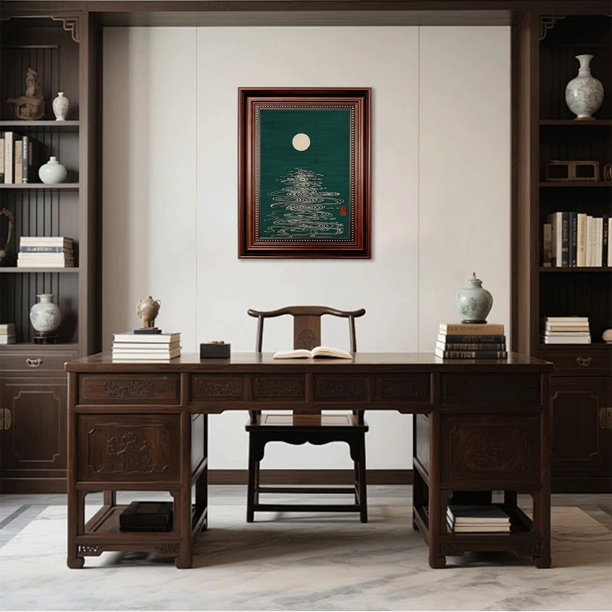 Dark Brown Framed Japanese Moon Canvas Wall Art 12x16 in (Japanese Moon / 16"L x 12"W)