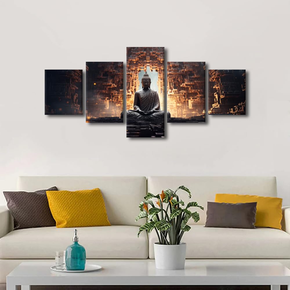 Men Canvas Wall Art Modern 5 Panel Home Wall Decor Buddha Statue in Cave Poster Prints on Canvas Mysterious Ancient Buddha Picture for Bedroom Office Decor Stretched and Framed Ready to Hang 50x24 in (50x24 in / 5PANEL-10)